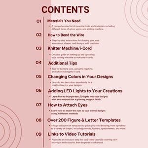 May include: A page titled "CONTENTS" with a list of topics including materials, wire bending, knitting, color changes, LED lights, attaching eyes, templates, and video tutorials. The text is in black on a pink background.