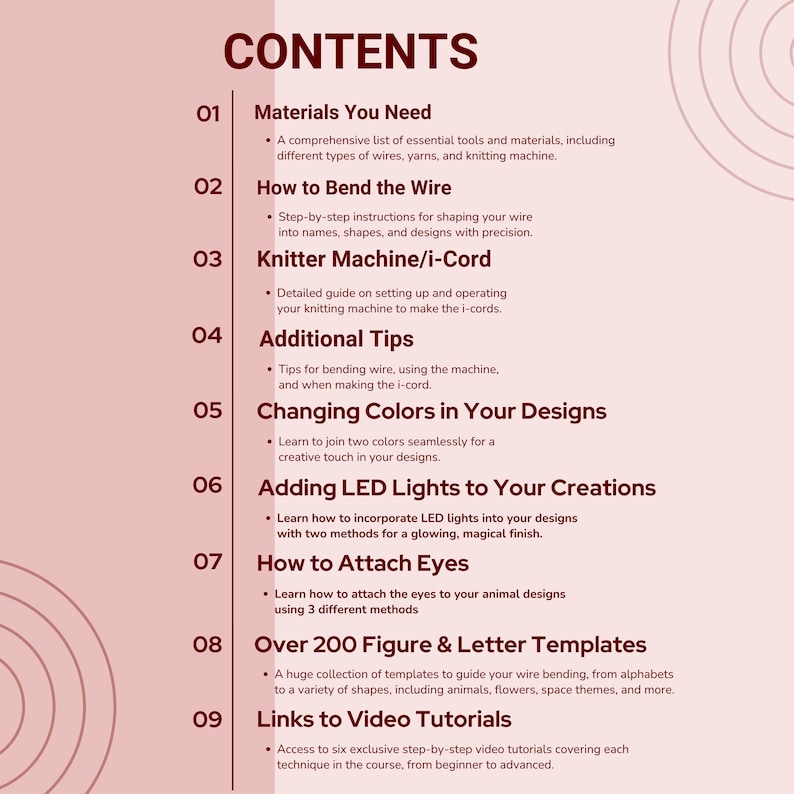 May include: A page titled "CONTENTS" with a list of topics including materials, wire bending, knitting, color changes, LED lights, attaching eyes, templates, and video tutorials. The text is in black on a pink background.