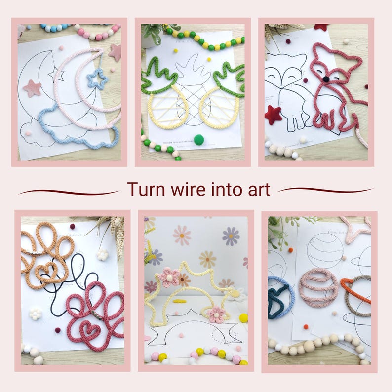 May include: A collection of wire art projects, including a moon and stars, pineapples, a fox, abstract shapes, a sun, and planets. The phrase "Turn wire into art" is displayed. Each project is crafted with colorful wire and placed on a white paper background.