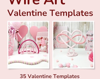 May include: Wire Art Valentine Templates digital file featuring two images of pink and red knitted wire shapes. One image shows a rainbow and heart design, the other shows an infinity heart shape. The text reads Wire Art Valentine Templates.