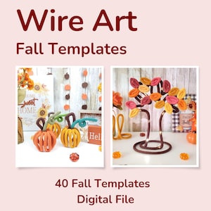 May include: Wire art fall templates digital file featuring 40 designs. The image displays two panels showing knitted-style wire pumpkins and a tree with colorful autumn leaves in shades of orange, yellow, red, and brown, with text overlays.