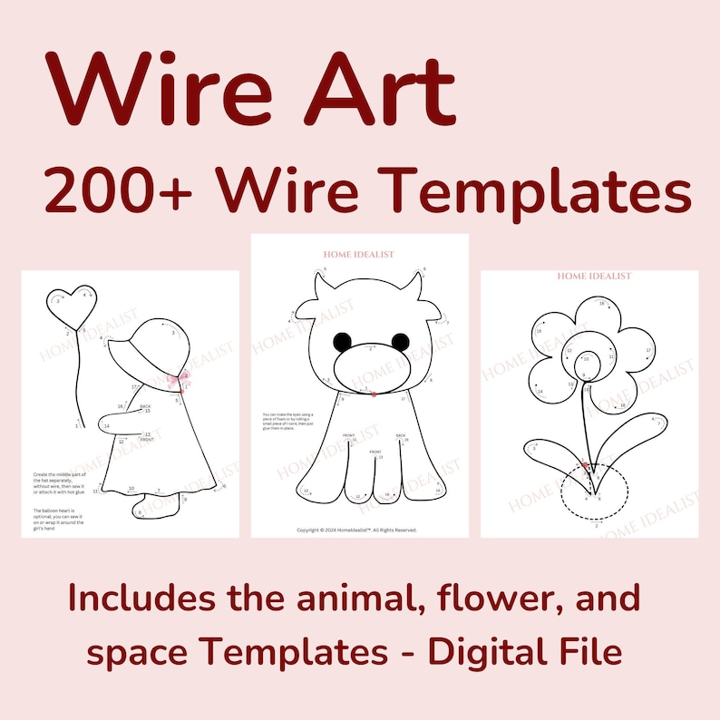May include: Digital file with wire art templates. The image shows three wire art templates: a girl holding a heart balloon, a cow, and a flower. The text reads "Wire Art 200+ Wire Templates" and "Includes the animal, flower, and space Templates - Digital File."