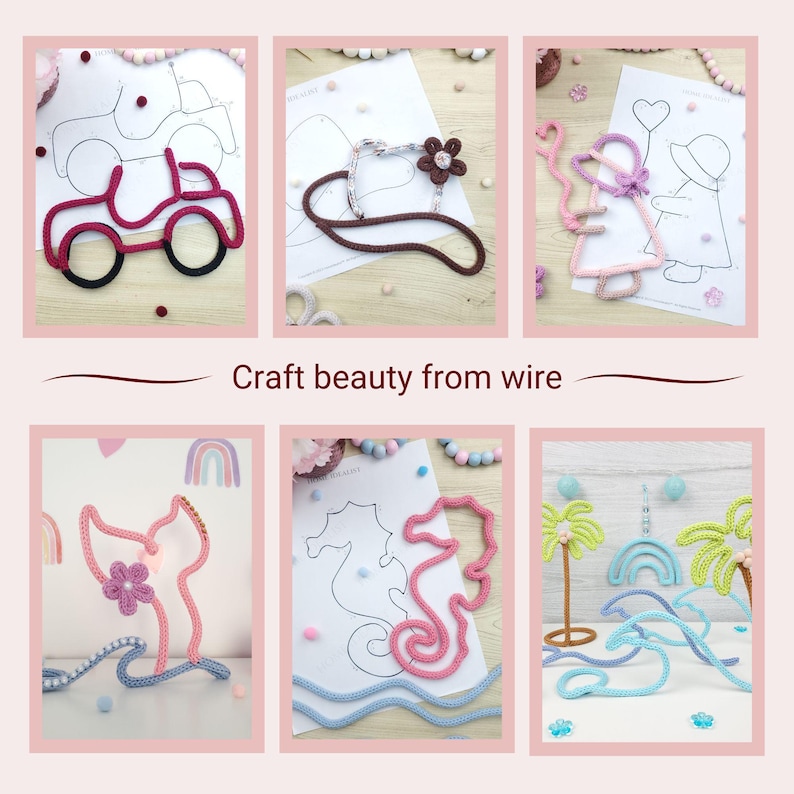 May include: A collage of wire art projects, including a car, a flower-adorned headband, a girl holding a balloon, a cat, a seahorse, and tropical scenes. The text "Craft beauty from wire" is displayed.