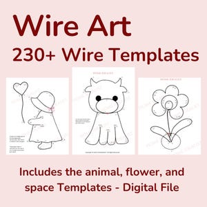 Könnte beinhalten: Eine digitale Sammlung von Wire Art 230+ Wire Templates mit nummerierten Punkt-zu-Punkt-Vorlagen zum Basteln. Die Seiten zeigen schwarze Strichzeichnungen einer Person mit Haube, die einen Herzballon hält, einer Kuh und einer Blume, alle mit Home Idealist beschriftet.