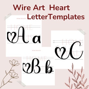 Modelos de letras de coração em letras maiúsculas e minúsculas. Molde de letras de arame em PDF. Modelo para impressão de arte em arame.