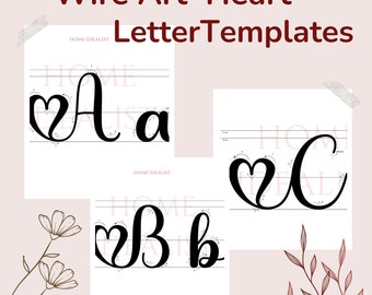 Plantillas de letras de corazón en mayúsculas y minúsculas. Patrón de letras de alambre en PDF. Plantilla imprimible para arte con alambre.