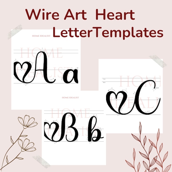 Sjablonen voor hoofdletters en kleine letters in hartletters. PDF-draadletterpatroon. Afdrukbaar sjabloon voor draadkunst.