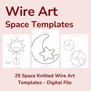 Può includere: Un set di tre modelli di wire art stampabili che presentano un sole con un cuore, una luna crescente con una stella e un pianeta con un pianeta più piccolo in orbita attorno ad esso. I modelli sono etichettati "Home Idealist" e fanno parte di una collezione di 25 modelli di wire art a tema spaziale.