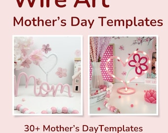 Könnte beinhalten: Digitale Datei Wire Art Mother's Day Templates mit zwei Bildern von rosa und weiß gestrickten Drahtskulpturen. Eine zeigt das Wort Mom, die andere ein Herz mit einer Blume. Der Text lautet Wire Art Mother's Day Templates 30+ Mother's Day Templates Digital File.