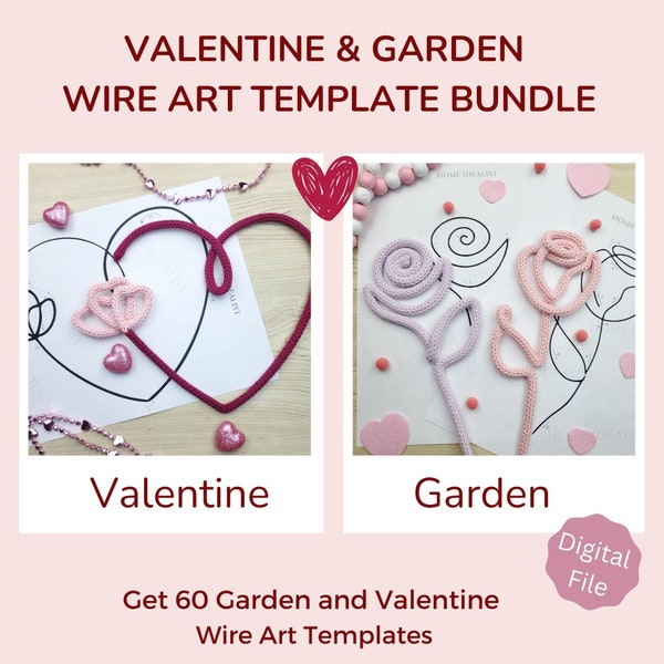 60 Valentine and Flower Wire Art Template Bundle. Printable Templates for Knitted Wire. Tricotin Art. Instant Digital Download.