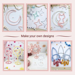 May include: A collection of handmade craft designs, including a crescent moon, stars, a cat, and heart-shaped figures. The designs are made with yarn and displayed on paper with templates. The text "Make your own designs" is also visible.