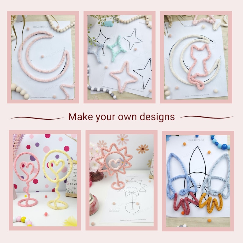 May include: A collection of handmade craft designs, including a crescent moon, stars, a cat, and heart-shaped figures. The designs are made with yarn and displayed on paper with templates. The text "Make your own designs" is also visible.