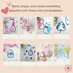 May include: A collection of wire art templates in various shapes, including light bulbs, flamingos, cats, and tropical leaves. The templates are in shades of pink, blue, and green, with decorative beads and stars. The text reads: "Bend, shape, and create something beautiful with these wire art templates."