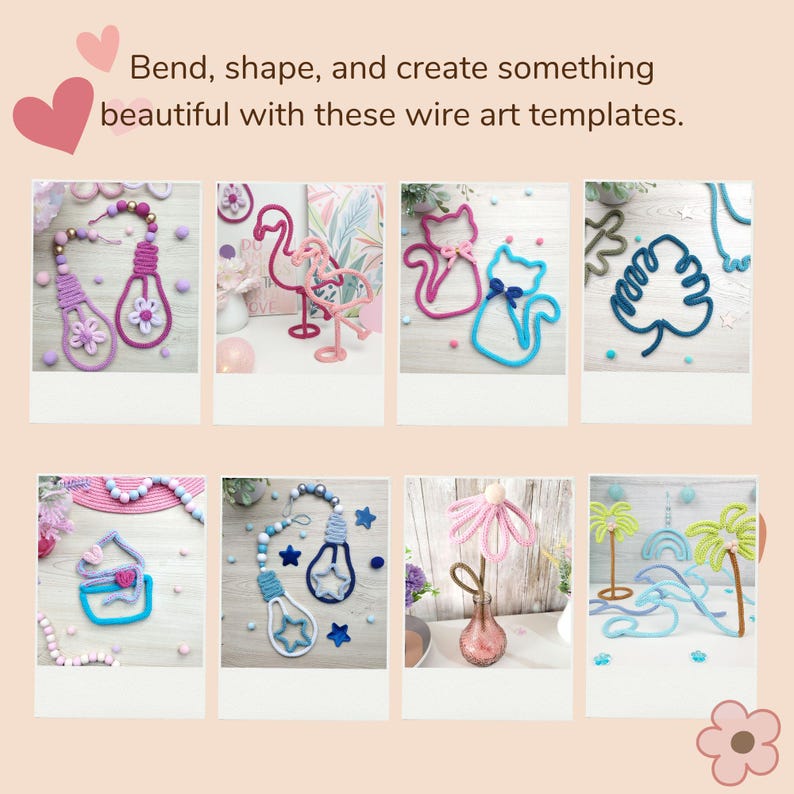 May include: A collection of wire art templates in various shapes, including light bulbs, flamingos, cats, and tropical leaves. The templates are in shades of pink, blue, and green, with decorative beads and stars. The text reads: "Bend, shape, and create something beautiful with these wire art templates."