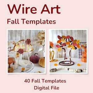 May include: Wire Art Fall Templates digital file featuring 40 designs. The image displays two wire sculptures: a mushroom shape with fairy lights and two flowers, and a tree shape with colourful fabric leaves and integrated fairy lights.