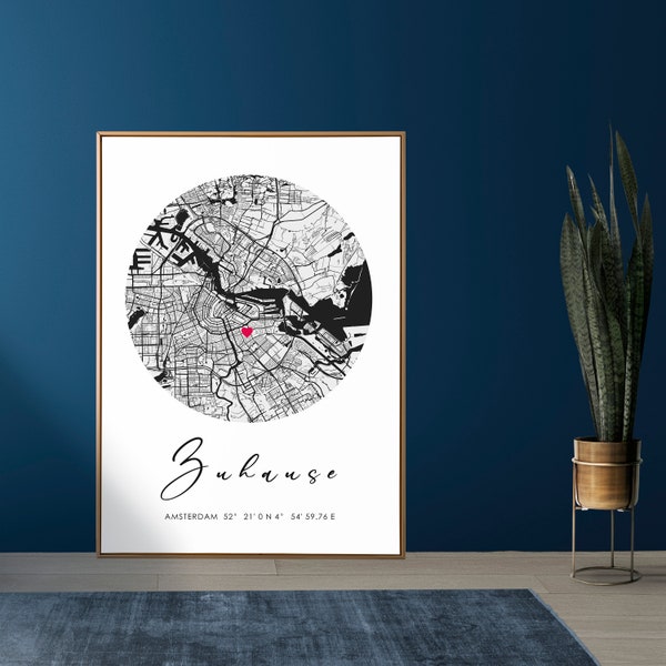 Zuhause, Personalisierte Poster, Postkarte mit GPS - Koordinaten, Home, Family, Heimatstadt, Stadtposter, Map, Geschenk, Kunstdruck
