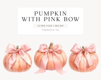 Pumpkin With Bow Clipart, Pink Bow Clipart, Halloween Bow PNG, Thanksgiving Clipart, Trendy Pink Bow, Pumpkin Bundle, Girly Aesthetic