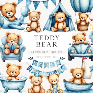 Clipart ours en peluche bleu, baby shower, clipart bleu pour faire-part, graphique aquarelle ours en peluche, Illustration d'ours en peluche pour chambre d'enfant