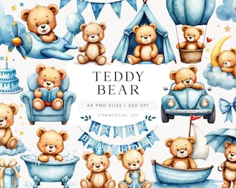 Blue Teddy Bear Clipart, Baby Shower, Blue Clipart For Invitation, Watercolor Teddy Bear Graphic, Teddy Bear Illustration For Nursery