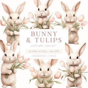 Frühling Hase Cliparts, rosa Tulpen Clipart, Aquarell Hase Cliparts, Frühling Clipart, Frühling Grafiken, süßes Häschen Clipart, kommerzielle Nutzung