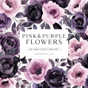 May include: A digital illustration of a floral pattern featuring pink and purple flowers. The flowers are arranged in a repeating pattern and have a watercolor effect. The text "PINK & PURPLE FLOWERS" is displayed in the center of the image. The text "32 PNG FILES | 300 DPI" is displayed below the title. The text "COMMERCIAL USE" is displayed below the file information.