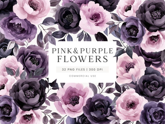 Pink Flowers Clipart, Purple Watercolor Flowers, Dark Academia Wedding Clipart, Dark Floral Clipart, Gothic Wedding Flowers, Fall Bouquets
