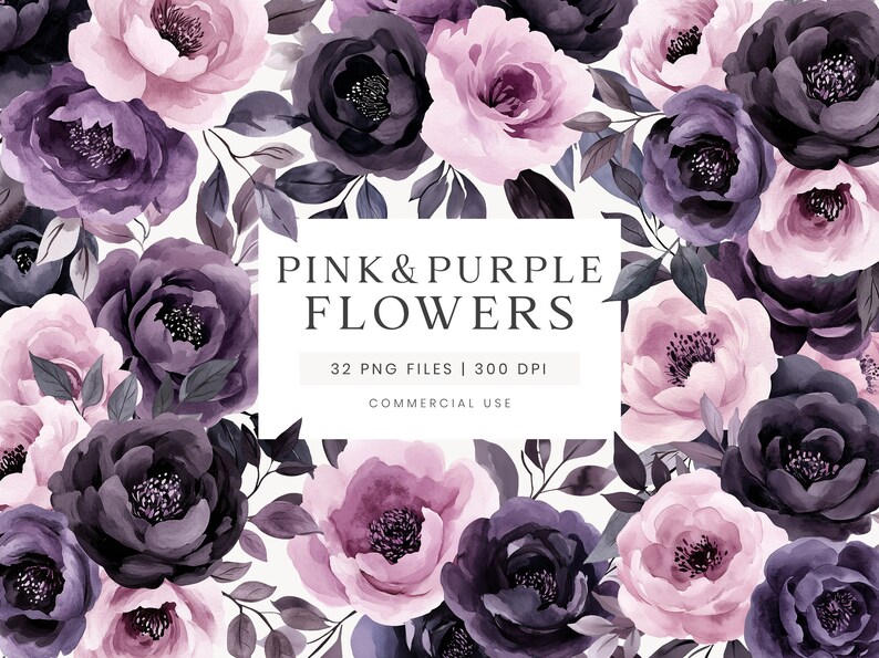 May include: A digital illustration of a floral pattern featuring pink and purple flowers. The flowers are arranged in a repeating pattern and have a watercolor effect. The text "PINK & PURPLE FLOWERS" is displayed in the center of the image. The text "32 PNG FILES | 300 DPI" is displayed below the title. The text "COMMERCIAL USE" is displayed below the file information.