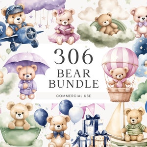 Teddy Bear Clipart Bundle, Baby Birthday Clipart, Baby Shower Invitation, Watercolor Teddy Bear Graphic, Teddy Bear Nursery, Transparent PNG