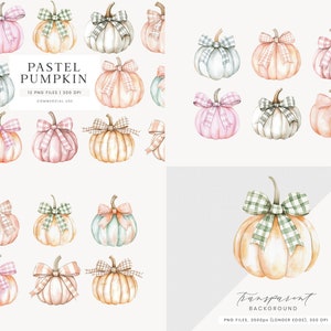 May include: Watercolor illustrations of pastel pumpkins with plaid bows. The pumpkins are in shades of pink, orange, green, and white. The text "PASTEL PUMPKIN" is displayed, along with file details. The image has a transparent background.