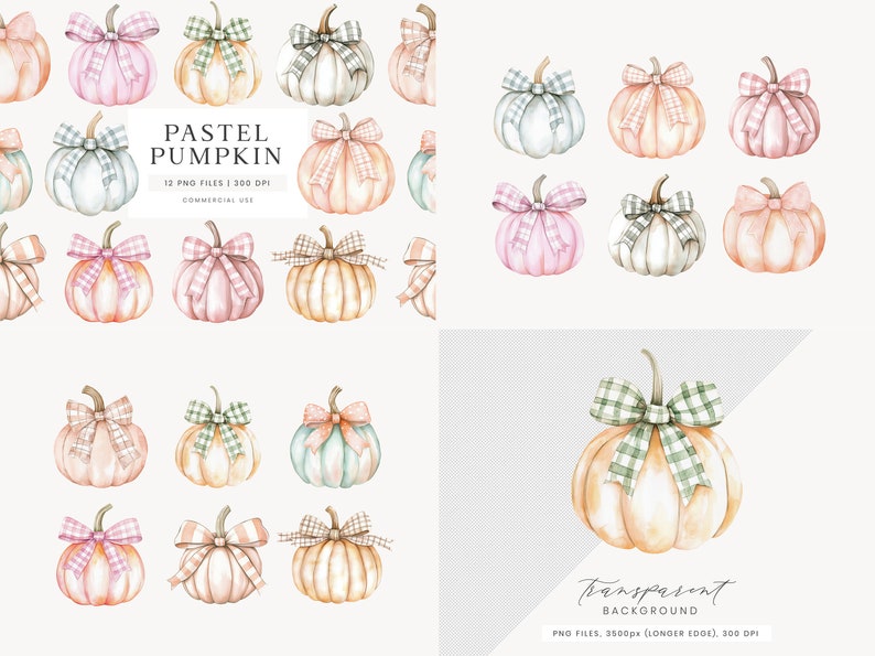 May include: Watercolor illustrations of pastel pumpkins with plaid bows. The pumpkins are in shades of pink, orange, green, and white. The text "PASTEL PUMPKIN" is displayed, along with file details. The image has a transparent background.