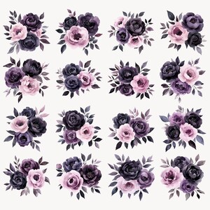 May include: A set of 16 watercolor illustrations of purple and pink floral bouquets. Each bouquet features a cluster of dark purple roses and pink flowers with green leaves.