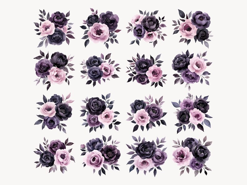 May include: A set of 16 watercolor illustrations of purple and pink floral bouquets. Each bouquet features a cluster of dark purple roses and pink flowers with green leaves.