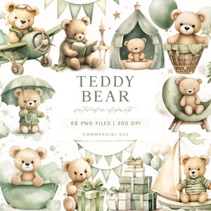 Teddy Bear Clipart, Baby Shower Clipart, Green Clipart For Invitation, Watercolor Teddy Bear Graphic, Teddy Bear Illustration For Nursery