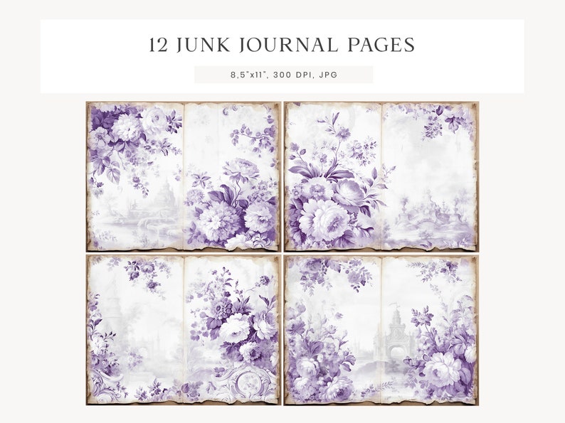 Purple Toile Junk Journal Pages Purple Floral Digital Paper Purple Toile Junk Journal Pages Purple Floral Digital Paper