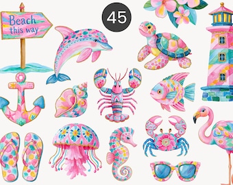 Preppy Coastal Clipart PNG, Sea Animals Watercolor, Summer Beach Illustrations, Crab Shells Lobster Turtle Clipart, Ocean Grapics Set