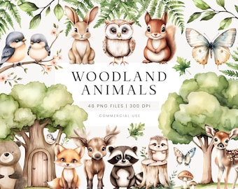 Woodland Animals Clipart, Forest Animals Watercolor Clipart, Cute Baby Animal PNG, Forest Birthday, Nursery Decor, Woodland Baby Shower