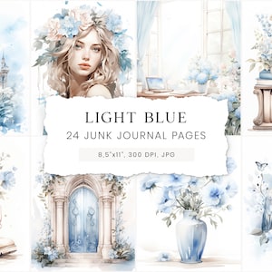 Junk Journal Kit, Junk Journaling, Junk Journal Pages Blue Watercolor, Blue Journal Pages, Light Blue Scrapbook Paper, Vintage Ephemera