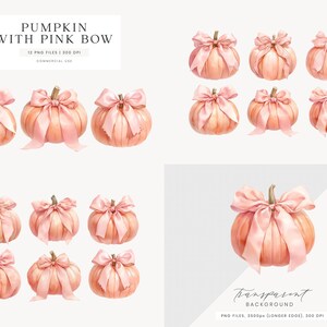 May include: Watercolor illustrations of pumpkins with pink bows. The pumpkins are a soft orange color, and the bows are a delicate pink. The image includes the text "PUMPKIN WITH PINK BOW" and "12 PNG FILES | 300 DPI | COMMERCIAL USE".
