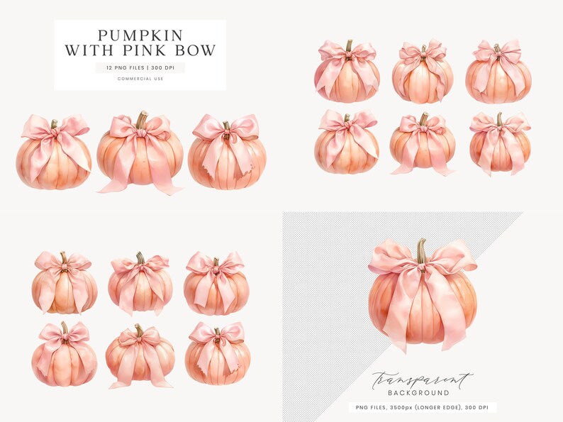 May include: Watercolor illustrations of pumpkins with pink bows. The pumpkins are a soft orange color, and the bows are a delicate pink. The image includes the text "PUMPKIN WITH PINK BOW" and "12 PNG FILES | 300 DPI | COMMERCIAL USE".