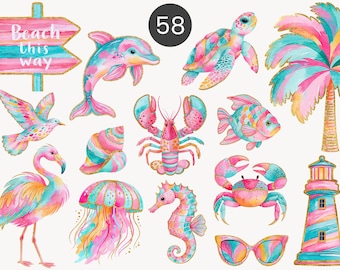 Preppy Coastal Clipart PNG, Sea Animals Watercolor, Summer Beach Illustrations, Crab Shells Lobster Turtle Clipart, Ocean Graphics Set