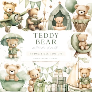 Teddy Bear Clipart, Baby Shower Clipart, Green Clipart For Invitation, Watercolor Teddy Bear Graphic, Teddy Bear Illustration For Nursery