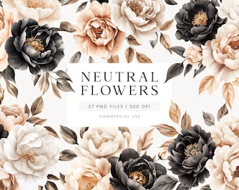 Neutral Flowers Clipart, Beige Watercolor Flowers, Neutral Wedding Clipart, Floral Clipart, Black Wedding Flowers, Autumn Bouquets
