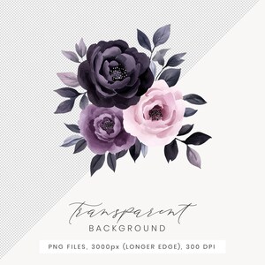 May include: A bouquet of watercolor flowers in shades of purple, pink, and black. The flowers are arranged in a cluster with leaves and stems.