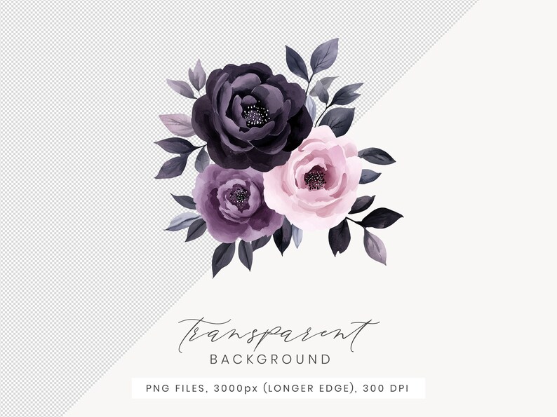 May include: A bouquet of watercolor flowers in shades of purple, pink, and black. The flowers are arranged in a cluster with leaves and stems.