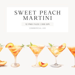 Imágenes Prediseñadas de Martini de melocotón, imágenes prediseñadas de cóctel de verano, PNG de Martini de acuarela, bebida exclusiva de boda, cóctel de melocotón, imágenes prediseñadas de alcohol
