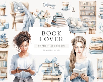 Cliparts de rat de bibliothèque, clipart amateur de livres aquarelle, illustrations à l'aquarelle, clipart livres bleus, tulipes, lot de amoureux des livres, PNG transparent