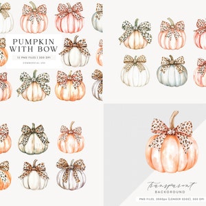 May include: Watercolor illustrations of pumpkins with leopard print bows. The pumpkins are in various colors, including white, orange, and pink. The text "PUMPKIN WITH BOW" is displayed, along with details about the PNG files and commercial use.