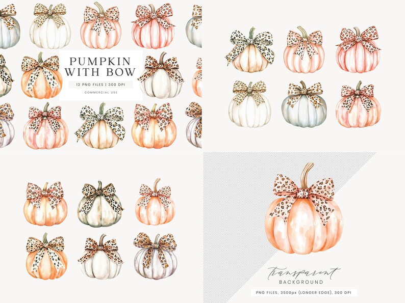 May include: Watercolor illustrations of pumpkins with leopard print bows. The pumpkins are in various colors, including white, orange, and pink. The text "PUMPKIN WITH BOW" is displayed, along with details about the PNG files and commercial use.