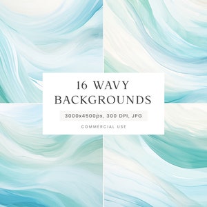 May include: Set of 16 digital backgrounds featuring abstract wavy patterns in shades of blue and white. 3000x4500px, 300 DPI, JPG. Commercial use.