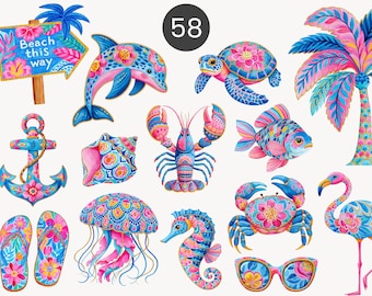 Preppy Coastal Clipart PNG, Sea Animals Watercolor, Summer Beach Illustrations, Crab Shells Lobster Turtle Clipart, Ocean Grapics Set